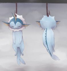 :3 animal_focus black_sclera boke-chan colored_sclera creatures_(company) drooling from_behind full_body game_freak gen_1_pokemon gradient_background grey_background half-closed_eyes hanging hook looking_down mouth_drool nervous nintendo no_humans open_mouth pokemon pokemon_(creature) simple_background sweat vaporeon white_eyes