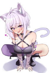 1girl ahoge animal_ears bare_shoulders belt black_belt black_boots black_choker black_collar blush boots breasts cat_choker cat_ears cat_girl cat_tail choker cleavage collar collarbone detached_sleeves eru_(l_illust45) fang fishnet_pantyhose fishnets hashtag-only_commentary heart highres hololive huge_breasts looking_at_viewer medium_hair nekomata_okayu open_mouth panties pantyhose pink_eyes purple_hair purple_panties purple_sleeves purple_tail see-through_clothes see-through_sleeves simple_background single_leg_pantyhose skin_fang smile solo tail thighs underwear virtual_youtuber white_background