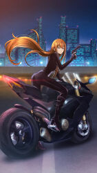 1girl archived_source ass belt_boots biker_clothes bikesuit black_bodysuit black_boots black_gloves blue_eyes bodysuit boots brown_hair city fingerless_gloves floating_hair game_cg gloves gun hair_between_eyes handgun high_heel_boots high_heels highres holding holding_gun holding_weapon huke knee_boots long_hair looking_at_viewer makise_kurisu motor_vehicle motorcycle night night_sky official_alternate_costume official_art on_motorcycle sky solo steins;gate third-party_source weapon wind