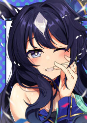 Rule 34 | 1girl, animal ears, bare shoulders, blue eyes, bracelet, breasts, cape, choker, collarbone, ear covers, happy birthday, horse ears, horse girl, horse tail, jewelry, medium breasts, one eye closed, smile, solo, tail, umamusume, verxina (umamusume), white hair, yasume yukito