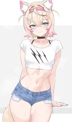1girl :3 absurdres animal_ear_fluff animal_ears bandaid bandaid_hair_ornament black_choker blonde_hair blue_eyes blue_shorts bluefield bra_strap breasts choker closed_mouth commentary cowboy_shot cropped_shirt crossed_bangs cutoff_jeans cutoffs denim denim_shorts dog_ears dog_girl dog_tail double-parted_bangs exposed_pocket frayed_shorts hair_between_eyes hair_intakes hair_ornament hairband highres hololive hololive_english horn_hairband looking_at_viewer midriff mococo_abyssgard multicolored_hair nail_polish navel pink_hair pink_hairband pink_nails shirt short_hair short_shorts short_sleeves shorts simple_background small_breasts solo straight-on streaked_hair t-shirt tail two_side_up virtual_youtuber white_shirt x_hair_ornament