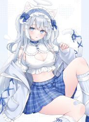 1girl absurdres animal_ears bare_shoulders blue_eyes blue_skirt breasts cat_ears cat_girl cat_tail cleavage cleavage_cutout clothing_cutout commission crop_top detached_sleeves extra_ears frilled_shirt frills grey_jacket halo headdress heart_cutout highres jacket kneehighs large_breasts long_hair long_sleeves looking_at_viewer midriff miniskirt mole mole_under_eye off_shoulder original parted_lips plaid_clothes plaid_skirt pleated_skirt ribbed_socks shano_hiyori shirt short_sleeves skeb_commission skirt socks solo tail thighs two_side_up very_long_hair white_hair white_shirt white_socks