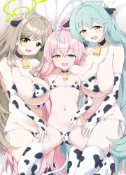 3girls absurdres ahoge animal_ear_hairband animal_ears animal_print areola_slip bell bikini blue_archive blue_eyes blush breasts bridal_gauntlets brown_hair choker cleavage collarbone cow_ears cow_print cow_print_bikini ear_tag fake_animal_ears fang fingerless_gloves flat_chest gloves green_eyes green_hair green_halo groin hair_between_eyes hairband halo highres hoshino_(blue_archive) huge_ahoge huge_breasts large_breasts long_hair looking_at_viewer micro_bikini multiple_girls navel neck_bell nonomi_(blue_archive) open_mouth orange_eyes pink_hair pink_halo plump print_bikini side-tie_bikini_bottom skin_fang smile swimsuit thighs very_long_hair white_bikini white_gloves yasunao_(yasunao-z) yellow_eyes yume_(blue_archive)