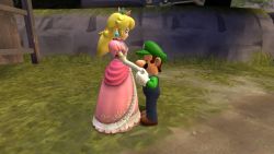 1boy 1girl 3d blonde_hair brown_hair dress height_difference luigi mario_(series) netorare nintendo princess_peach super_mario_bros._1