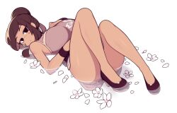 Rule 34 | 1girl, bare arms, bare legs, bare shoulders, black eyes, breasts, brown hair, brown shoes, commentary, dark-skinned female, dark skin, english commentary, fizintine, flower, frown, full body, hair bun, hand on own chest, hand on own stomach, highres, huge breasts, looking at viewer, lying, no pupils, on back, original, shikoke (fizintine), shoes, solo, stitched face, stitches, water, wristband
