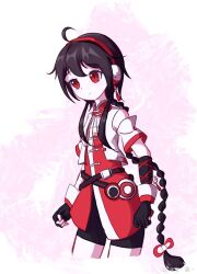 Rule 34 | bare shoulders, belt, bike shorts, black gloves, black hair, boots, braid, brown belt, brown hair, closed mouth, cowboy shot, dress, fingerless gloves, gloves, headphones, headset, highres, light smile, long hair, multicolored boots, open clothes, open vest, pointzhu, red boots, red dress, red eyes, red headset, simple background, single braid, solo, standing, very long hair, vest, vocaloid, vsinger (vocaloid), watermark, weibo username, weibo watermark, white vest, yuezheng ling, yuezheng ling v3