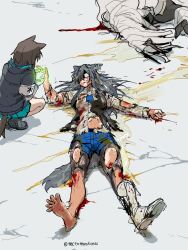 1boy 2girls animal_ears arknights black_hair black_jacket black_vest bleeding blood blood_on_clothes blue_skirt boots brown_hair corpse full_body hand_up healing highres hood hood_down hooded_jacket jacket knee_boots long_hair long_sleeves looking_at_another lying magic monster_boy multiple_girls mutomorokoshi on_back open_clothes open_vest outstretched_legs pantyhose rhodes_island_medic_(arknights) sarkaz_wither_devourer shirt single_bare_foot single_boot skirt slime_(substance) squatting stomach tail texas_(arknights) texas_the_omertosa_(arknights) torn_clothes torn_pantyhose torn_shirt traumatized vest white_boots white_shirt wide-eyed wolf_ears wolf_girl wolf_tail