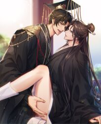 2boys absurdres adam&#039;s_apple anal beads black_hair black_hanfu black_ribbon black_sash blue_eyes brown_hair chinese_clothes chinese_hairpin chu_wanning clenched_teeth cum day erha_he_tadebai_mao_shizun eye_contact furrowed_brow gradient_sky guan_hat hair_ornament hair_ribbon hairpin hanfu highres korean_commentary long_hair long_sidelocks long_sleeves looking_at_another male_focus mian_guan mo_ran multiple_boys open_mouth outdoors railing ribbon sash sex sidelocks sitting sky smile sparkle sweatdrop taxian-jun teeth topknot upper_teeth_only wide_sleeves yaoi zehel_az