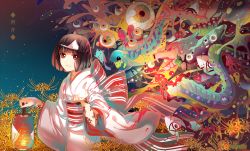 10s 1girl artist_name bad_id bad_pixiv_id black_hair body_writing bow breasts bridal_gauntlets copyright_name cowboy_shot dated eel eyeball female_focus flower frog from_side holding instockeee instocklee japanese_clothes jellyfish kimono lantern light_smile long_sleeves looking_at_viewer night night_sky nora_(noragami) noragami obi outdoors red_eyes revision sash short_hair sky small_breasts smile solo spider_lily striped triangular_headpiece yellow_flower yellow_spider_lily
