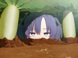 1girl absurdres bananafish1111 blue_archive day dirt facing_viewer hair_ornament halo highres long_hair looking_at_viewer outdoors partially_buried purple_eyes purple_hair radish solo twintails upper_body yuuka_(blue_archive)