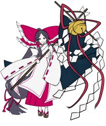 1girl absurdly_long_hair absurdres bell bow brown_eyes chihaya_(clothing) closed_mouth commentary_request foul_detective_satori frilled_bow frilled_hair_tubes frills full_body gensokyo&#039;s_first_hakurei_miko hair_bow hair_tubes hakama hakama_skirt head_tilt highres holding huge_bow japanese_clothes jingle_bell kanae_mituki long_hair long_skirt long_sleeves low-tied_long_hair miko no_nose okobo parted_bangs platform_sandals ponytail red_bow red_ribbon red_skirt ribbon ribbon-trimmed_sleeves ribbon_trim sandals shide sidelocks skirt smile socks solo standing straight-on tabi tassel touhou very_long_hair white_background white_socks wide_sleeves