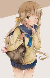 Rule 34 | 1girl, absurdres, bag, blue neckerchief, blue sailor collar, blue skirt, blunt bangs, blush, bow, breasts, brown eyes, brown hair, cardigan, closed mouth, cowboy shot, dot nose, hair bow, hair ribbon, hands up, highres, holding strap, idolmaster, idolmaster cinderella girls, idolmaster cinderella girls starlight stage, index finger raised, long hair, long sleeves, looking at viewer, low ponytail, michii yuuki, neckerchief, one eye closed, pleated skirt, ponytail, ribbon, sailor collar, school uniform, serafuku, shoulder bag, simple background, skirt, small breasts, smile, solo, standing, stuffed animal, stuffed toy, teddy bear, very long hair, white background, yellow cardigan, yellow ribbon, yorita yoshino