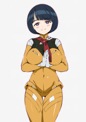 1girl black_hair blue_eyes blunt_bangs blush bodysuit breasts bright_pupils closed_mouth covered_navel cropped_legs gundam gundam_gquuuuuux head_tilt highres large_breasts looking_at_viewer mecha_pilot_suit palms_together shiiko_sugai short_hair simple_background smile solo thigh_gap white_background white_pupils yellow_bodysuit yokaze_japan