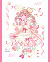 Rule 34 | 1girl, ahoge, apple, apple hair ornament, apple print, apple slice, apron, artist name, braid, dress, dress ribbon, food, food-themed hair ornament, food print, fruit, fruit print, full body, hair ornament, hand up, highres, holding, holding food, holding fruit, letterboxed, long hair, long sleeves, original, puffy long sleeves, puffy sleeves, red eyes, red ribbon, ribbon, sangatsu (mitsuki358), smile, solo, standing, striped clothes, striped dress, traditional media, twin braids, twintails, watercolor pencil (medium), yellow dress