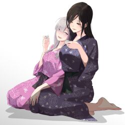 absurdres alcohol barefoot breasts couple cup eyes_visible_through_hair grey_hair hair_over_one_eye highres holding holding_cup japanese_clothes kimono large_breasts long_hair mole mole_under_eye nijisanji open_mouth orange_eyes purple_eyes purple_kimono sake shirayuki_tomoe sukoya_kana toes virtual_youtuber yukata yuri zasshu_tamashii