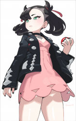 Rule 34 | 1girl, asymmetrical bangs, black hair, black jacket, choker, dress, green eyes, hair ribbon, jacket, long sleeves, looking to the side, marnie (pokemon), medium hair, nintendo, omaru gyuunyuu, pink dress, poke ball, poke ball (basic), pokemon, pokemon swsh, ribbon, solo, thighs, twintails, undercut