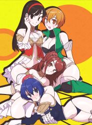4girls absurdres amagi_yukiko babydoll black_hair blue_hair blush breasts brown_hair cleavage detached_sleeves hairband high-cut_armor_(persona) highres jeff_miga kujikawa_rise looking_at_viewer multiple_girls navel official_alternate_costume panties persona persona_4 satonaka_chie shirogane_naoto stomach sweatdrop thighhighs underwear