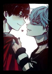 2boys alien_stage black_border black_choker black_eyes black_hair black_nails black_shirt border choker clenched_teeth clothes_grab collar_grab commentary english_commentary eye_contact fang fang_out from_side grey_hair ivan_(alien_stage) jacket jewelry letterman_jacket lip_piercing looking_at_another male_focus multiple_boys neckwear_grab piercing red_jacket ring shinumeru shirt smile striped_arm_warmers studded_choker teeth till_(alien_stage)