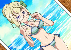 1girl bespectacled bikini blonde_hair braid braided_bangs braided_bun breasts commentary_request cowboy_shot glasses green_bikini hair_bun highres kantai_collection kondou_mitsuki large_breasts looking_at_viewer ocean official_alternate_costume perth_(kancolle) perth_(swimsuit)_(kancolle) photo_(object) purple_eyes side-tie_bikini_bottom smile solo striped_bikini striped_clothes swimsuit water wet