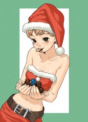 Rule 34 | 1girl, bare shoulders, belt, blush, breasts, brown eyes, brown hair, chocolate, christmas, commentary request, crop top, hat, hijiri rei, looking at viewer, mouth hold, navel, original, santa costume, santa hat, short hair, small breasts, smile, solo, upturned eyes