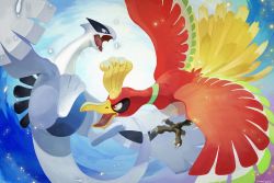 black_eyes commentary creatures_(company) fangs game_freak gen_2_pokemon highres ho-oh legendary_pokemon lugia nintendo no_humans open_mouth pokemon pokemon_(creature) red_eyes talons tongue uninori