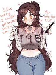 1girl absurdres ahoge bandaged_arm bandages black_nails blue_pants blush breasts brown_eyes brown_hair closed_mouth collarbone denim embarrassed english_text hazel_eyes heart highres holding holding_marker indie_virtual_youtuber large_breasts long_hair looking_at_breasts marker pants shirt sky_above_me sky_above_me_(vtuber) solo standing t-shirt very_long_hair virtual_youtuber white_background