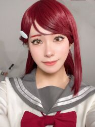1girl cosplay cosplay_photo honamen_cos lipstick long_hair looking_at_viewer love_live! love_live!_sunshine!! makeup photo_(medium) red_hair sakurauchi_riko school_uniform selfie smile yellow_eyes