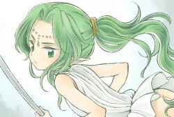 1boy ass closed_mouth dress forneus green_eyes green_hair long_hair looking_at_viewer male_focus pointy_ears romancing_saga_3 saga simple_background sm156 solo trap white_dress