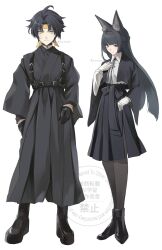1boy 1girl animal_ear_fluff animal_ears asaba_harumasa belt belt_buckle black_boots black_choker black_gloves black_hair black_kimono black_pantyhose black_skirt blunt_bangs boots buckle choker fox_ears fox_girl full_body gloves headband high-waist_skirt high_belt highres hoshimi_miyabi japanese_clothes kimono long_hair pantyhose rui_(yozakura043) shirt short_hair skirt smile white_background white_gloves white_shirt yellow_eyes yellow_headband zenless_zone_zero
