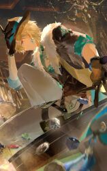1boy a_ji aqua_shirt aventurine_(honkai:_star_rail) black_gloves blonde_hair blurry blurry_foreground bracelet casino chandelier cleavage_cutout clothing_cutout coat collared_shirt dice earrings floating_earring fur-trimmed_coat fur_trim gloves grin hand_on_headwear hat heart heart_cutout highres honkai:_star_rail honkai_(series) indoors jewelry light light_particles looking_at_viewer male_focus on_table open_hand pants parted_lips pectoral_cleavage pectorals pink_eyes poker_chip shirt short_hair sitting smile solo solo_focus table teeth white_pants