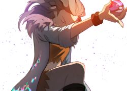1girl azuzatori brown_hair brown_shirt brown_shorts closed_eyes coat commentary_request eyelashes head_down holding holding_poke_ball knees long_hair master_ball nintendo on_one_knee open_clothes open_coat poke_ball pokemon pokemon_sv sada_(pokemon) shirt shorts solo spoilers torn_clothes torn_shirt torn_shorts white_background wristband