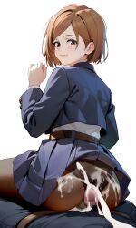 Rule 34 | 1boy, 1girl, arm at side, ass, belt, black panties, black pantyhose, blazer, blue jacket, blue skirt, brown belt, brown eyes, brown hair, buttjob, buttjob over clothes, censored, closed mouth, clothes lift, cowboy shot, cropped jacket, cum, cum on ass, cum on body, cum on clothes, eyelashes, from behind, girl on top, hand up, hetero, huge ass, jacket, jujutsu kaisen, kugisaki nobara, lips, long sleeves, looking at viewer, looking back, matching hair/eyes, medium hair, mosaic censoring, panties, panties under pantyhose, pantyhose, penis, school uniform, shirt, simple background, sitting, sitting on person, skirt, skirt lift, smile, solo focus, underwear, variant set, white background, white shirt, yoko-chan (mijizukeyoko)