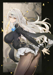 1girl absurdres arm_behind_back ass black_border black_pantyhose bodystocking border breasts closed_mouth commentary_request floating_hair grey_hair highres large_breasts long_hair long_sleeves looking_at_viewer official_alternate_costume pantyhose pmg revision smile solo standing yellow_eyes yixuan_(trails_of_ink)_(zenless_zone_zero) yixuan_(zenless_zone_zero) zenless_zone_zero