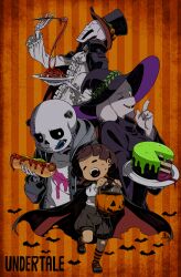 1girl 1other 2boys =_= absurdres alternate_costume androgynous animal_ears ascot basket bat_(animal) black_cape black_headwear black_robe black_sclera blue_tongue brown_hair cake cape center_frills child closed_eyes collared_cape colored_sclera colored_tongue copyright_name cosplay cropped_torso drawstring ear_piercing facing_viewer fangs fewer_digits food fork frankenstein&#039;s_monster frankenstein&#039;s_monster_(cosplay) frilled_sleeves frills frisk_(undertale) full_body furry furry_female goat_ears goat_girl grey_jacket grin halloween halloween_bucket halloween_costume hat high_contrast highres holding holding_basket holding_food holding_fork holding_plate hood hood_down hooded_jacket hot_dog index_finger_raised jacket kamezaemon multiple_boys no_nose object_through_head one_eye_closed open_mouth orange_background papyrus_(undertale) pasta patchwork_clothes piercing plate robe sans_(undertale) screw_in_head shirt short_hair skeleton skin_fangs smile spaghetti stitched_face stitches striped_background tongue tongue_out top_hat toriel undertale upper_body white_ascot white_shirt witch_hat zipper