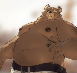1boy animal_ears bara bear_boy bear_ears belly belt ben_bigger biceps black_belt brown_fur claws clenched_teeth commentary english_commentary fat furry furry_male highres looking_at_viewer male_focus navel nipples notched_ear pants pawpads pectorals plump scar scar_across_eye scar_on_face teeth thadj_20 topless_male white_pants zenless_zone_zero