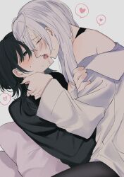 2girls absurdres anfuji_uiro black_eyes black_hair black_nails black_shirt blush chief_(path_to_nowhere) closed_eyes coat commentary_request cushion drooling eleven_(path_to_nowhere) female_chief_(path_to_nowhere) french_kiss hand_on_another&#039;s_arm hand_on_another&#039;s_neck heart highres kiss long_hair long_sleeves looking_at_another multiple_girls off_shoulder path_to_nowhere saliva shirt sitting sitting_on_lap sitting_on_person spoken_heart tongue tongue_out white_coat white_hair yuri