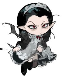 1boy baldur&#039;s_gate baldur&#039;s_gate_3 black_dress black_hair cazador_szarr chibi crossdressing crossdressing_(mtf) dress dungeons_&amp;_dragons dungeons_&amp;_dragons frown full_body highres maid maid_headdress male_focus red_eyes solo vihua6 white_background