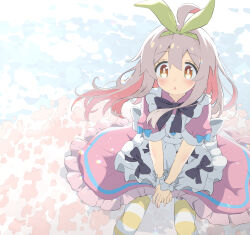 1girl :o absurdres ahoge apron bare_arms black_bow black_bowtie bow bowtie brown_eyes cafe_(owleelcafe) colored_inner_hair commentary dress frilled_dress frills green_hairband grey_hair hairband highres light_blush long_hair looking_at_viewer multicolored_hair official_alternate_costume onii-chan_wa_oshimai! open_mouth oyama_mahiro pantyhose pink_dress pink_hair puffy_short_sleeves puffy_sleeves short_sleeves sitting solo striped_clothes striped_pantyhose two-tone_hair v_arms waist_apron wrist_cuffs