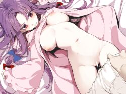 1girl asutora breasts large_breasts lying navel nude patchouli_knowledge purple_hair sleeves_past_wrists touhou