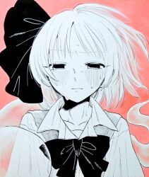 1girl black_ribbon blush collared_shirt ghost ghost_tail hair_ribbon konpaku_youmu konpaku_youmu_(ghost) limited_palette looking_at_viewer medium_hair neck_ribbon nervous_sweating open_collar parted_bangs photo_(medium) red_background ribbon shirt simple_background sweat sweatdrop touhou traditional_media vest whoru
