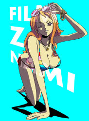 1girl arm_support bangle bare_legs bare_shoulders barefoot bikini blue_background bracelet breasts brown_eyes character_name cleavage commentary_request earrings eyewear_on_head full_body hand_up hanging_breasts jewelry kneeling kyakya large_breasts long_hair looking_at_viewer multicolored_bikini nami_(one_piece) necklace official_alternate_costume one_eye_closed one_piece one_piece_film:_z orange_hair parted_lips pearl_earrings side-tie_bikini_bottom single_sidelock solo sunglasses swimsuit wavy_hair white-framed_eyewear
