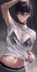 Rule 34 | 1girl, absurdres, black bra, black choker, black hair, black nails, bra, bra visible through clothes, bracelet, breasts, brown eyes, brown hair, choker, collarbone, commentary request, cross, cross earrings, earrings, highres, jewelry, looking at viewer, midriff, navel, original, parted lips, rain, shirt, short hair, tomboy, ulularts, underwear, wet, wet clothes, wet shirt