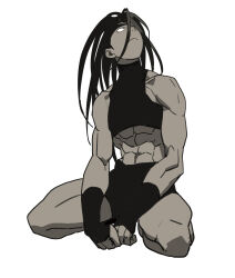 1boy :&lt; abs absurdres androgynous closed_mouth collarbone crop_top envy_(fma) full_body fullmetal_alchemist galeblack gloves greyscale head_back headband highres kneeling long_hair looking_up male_focus midriff monochrome navel simple_background sleeveless solo thighs toned toned_male white_background