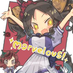 2girls animal_ears arms_up brown_eyes brown_hair character_name fang happy horse_ears horse_girl horse_tail marvelous_sunday_(umamusume) multiple_girls nice_nature_(umamusume) puffy_short_sleeves puffy_sleeves short_sleeves skin_fang sparkling_eyes sweatdrop tail twintails umamusume zudzuki