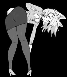 1girl absurdres animal_ears bent_over black_background breast_hair chest_tuft collar ddari fluffy from_behind full_body greyscale hand_on_own_leg high_heels highres looking_back monochrome office_lady open_mouth original pantyhose pencil_skirt rabbit_ears rabbit_girl rabbit_tail shirt shoes simple_background skirt solo spiked_collar spikes tail