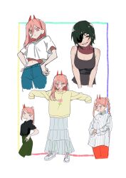 2girls black_eyes black_hair black_tank_top braid braided_ponytail breasts chainsaw_man commentary_request crop_top crop_top_overhang cross-shaped_pupils denim eyepatch green_pants gurukousu hair_between_eyes hands_on_own_hips high-waist_pants high_braided_ponytail high_ponytail highres himeno_(chainsaw_man) horns jeans large_breasts long_skirt making-of_available medium_breasts midriff multiple_girls navel pants pink_eyes ponytail power_(chainsaw_man) red_horns shoes short_hair skirt sleeves_past_fingers sleeves_past_wrists smile sneakers sweater symbol-shaped_pupils tank_top yellow_sweater