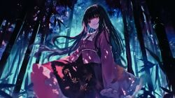 1girl bamboo bamboo_forest black_hair blunt_bangs bow bowtie commentary english_commentary forest frilled_sleeves frills from_below hime_cut houraisan_kaguya long_hair looking_at_viewer nature outdoors pink_shirt shirt skirt sleeves_past_fingers sleeves_past_wrists smile solo standing touhou tree very_long_hair white_bow white_bowtie wide_sleeves xiirus yellow_eyes