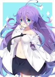 1girl :&lt; absurdres antenna_hair bare_shoulders black_necktie black_skirt blue_background blue_eyes blue_hair blush breasts cleavage collared_shirt commentary_request dress_shirt fuyou-chan gradient_hair hair_between_eyes highres long_hair medium_breasts milkpanda multicolored_hair navel necktie off_shoulder original parted_lips purple_hair shirt skirt solo sparkle standing triangle_mouth two-tone_background very_long_hair white_background white_shirt