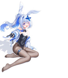 Rule 34 | 1girl, ;d, absurdres, alternate costume, amane kanata, animal ear hairband, animal ears, black bow, black bowtie, black gloves, black leotard, black pantyhose, blue hair, blue nails, bow, bowtie, breasts, cleavage, colored inner hair, commentary request, covered navel, detached collar, fake animal ears, feet, frilled leotard, frills, full body, gloves, grey hair, gyaru v, hairband, halo, highleg, highleg leotard, highres, hololive, jacket, leotard, long hair, looking at viewer, misoile, multicolored hair, nail polish, no shoes, off shoulder, one eye closed, open clothes, open jacket, open mouth, outstretched arm, pantyhose, partially fingerless gloves, pink hair, playboy bunny, ponytail, purple eyes, rabbit ear hairband, rabbit ears, single hair intake, sitting, small breasts, smile, solo, star halo, strapless, strapless leotard, streaked hair, thigh strap, thighband pantyhose, v, virtual youtuber, white background, white jacket