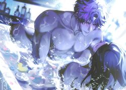 1boy 1girl abs aroused black_hair blush chain chain_necklace closed_eyes collarbone couple evil_fishie hetero highres in_bathtub indoors jewelry love_and_deepspace missionary muscular muscular_male necklace nude open_mouth partially_submerged pectorals protagonist_(love_and_deepspace) purple_eyes rafayel_(love_and_deepspace) sex short_hair wading water_censor wet